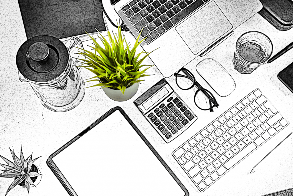 Schreibtisch mit diversen Utensilien im Comic-Style