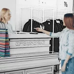 Bezahlen nach dem Shopping im Comic-Style