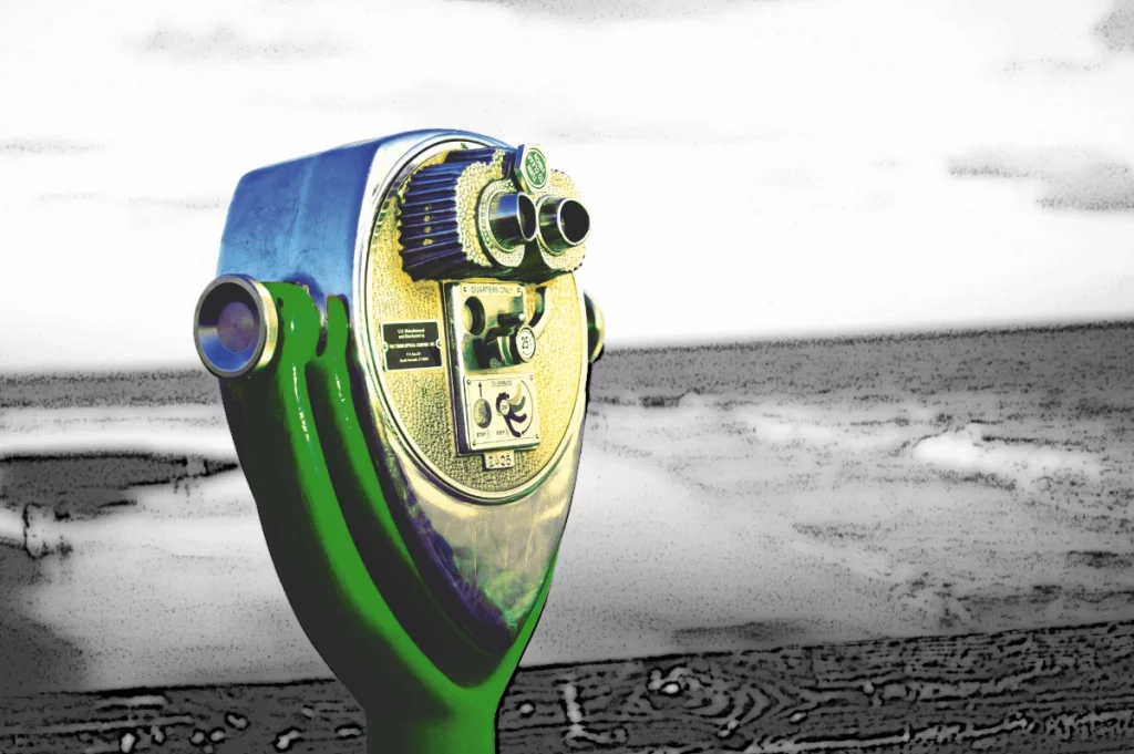 Retro-Fernglas mit Blick auf das Meer im Comic-Style