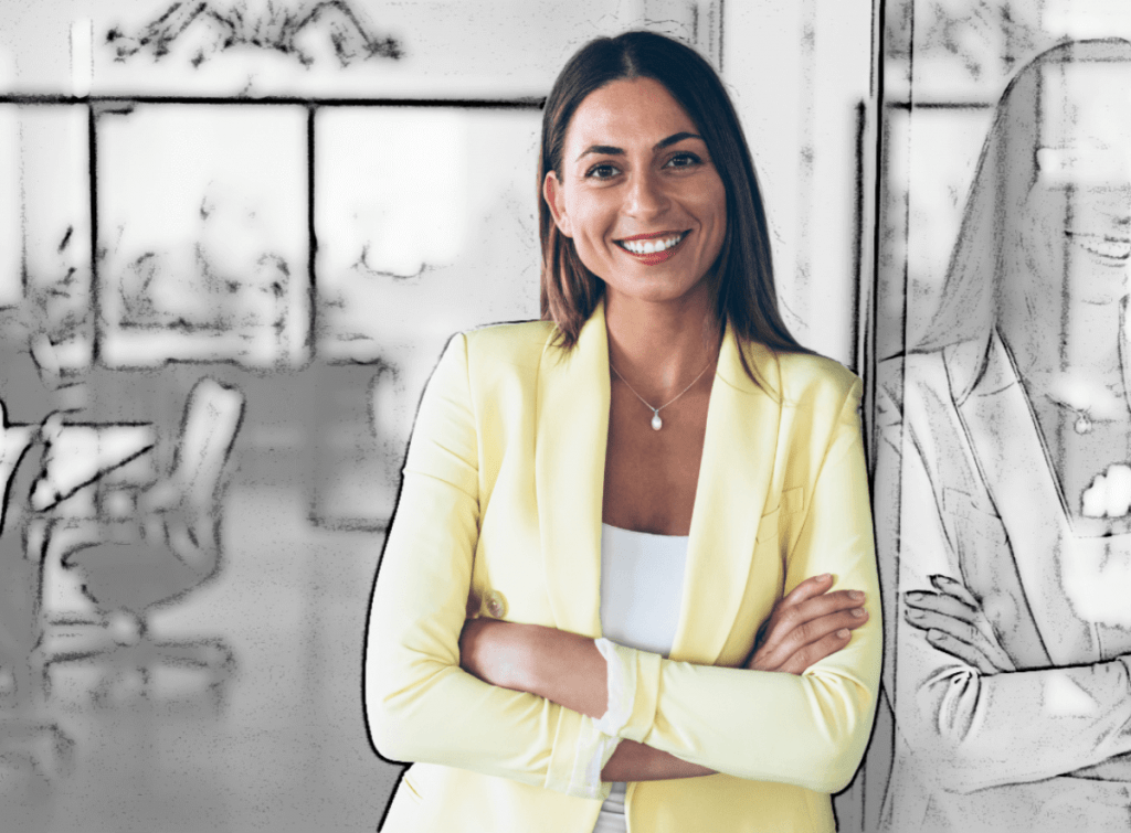 Lächelnde Frau im Anzug im Comic-Style